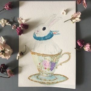 4x6inches photo size original watercolour painting: Bunny in a teacup